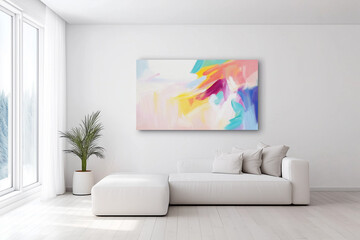 Wall Mural - Beautiful House or apartment livingroom interior design for a mockup home decor model concept, Sofa with pillows and abstract poster art, bright sun light coming through windows