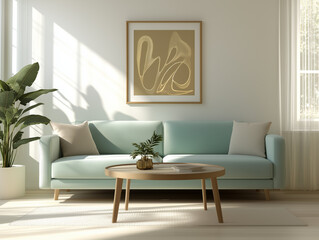 Wall Mural - Beautiful House or apartment livingroom interior design for a mockup home decor model concept, Sofa with pillows and abstract poster art, bright sun light coming through windows