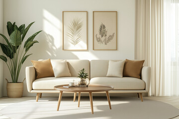 Wall Mural - Beautiful House or apartment livingroom interior design for a mockup home decor model concept, Sofa with pillows and abstract poster art, bright sun light coming through windows