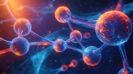 Abstract futuristic background with glowing spheres and molecules in dark blue space, showcasing a close-up view of isolated human cell structures. The 3D rendering highlights biotechnology concepts t