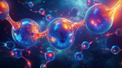 Abstract futuristic background with glowing spheres and molecules in dark blue space, showcasing a close-up view of isolated human cell structures. The 3D rendering highlights biotechnology concepts t