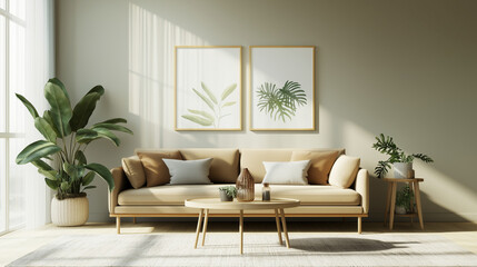 Wall Mural - Beautiful House or apartment livingroom interior design for a mockup home decor model concept, Sofa with pillows and abstract poster art, bright sun light coming through windows