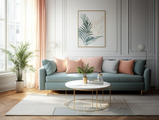 Wall Mural - Beautiful House or apartment livingroom interior design for a mockup home decor model concept, Sofa with pillows and abstract poster art, bright sun light coming through windows