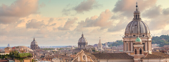 Rome, Italy. Urban landscape, blue sky with clouds, church exterior architecture