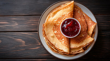 Canvas Print - Thin pancakes stacked on a white plate with a side of fruit jam, photographed from above on a dark wooden table