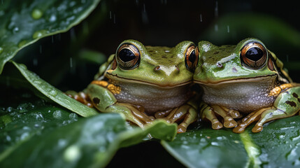 Wall Mural - Two Green Frogs Huddle Together in the Rain