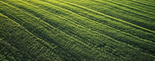 Wall Mural - Drone photography capturing the vastness of a vibrant green crop field creating an abstract pattern