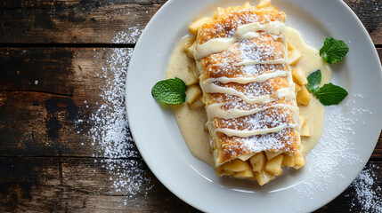 Canvas Print - Apple strudel sprinkled with powdered sugar, drizzled with vanilla sauce and garnished with mint on white plate