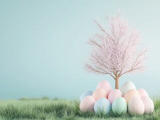 Wall Mural - Pastel Easter Eggs Under a Pink Tree.