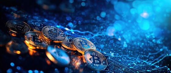 Close-up of Bitcoin Coins with Blue Bokeh Background and Chart Lines