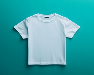 white t shirt on teal background.