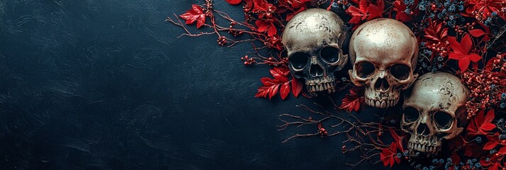 an image featuring two white skulls placed among red leaves, berries, and branches, set against a da