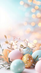 Poster - Easter Eggs with Pastel Colors and Golden Glitter.