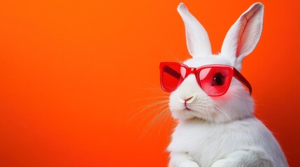 A stylish white rabbit wearing bright red sunglasses against a vibrant orange background.