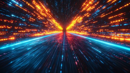 A vibrant digital landscape showcasing a futuristic pathway illuminated by streaks of orange and blue light at night