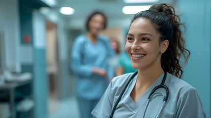 A smiling nurse with a stethoscope stands in a hospital hallway, ready to provide dedicated care to patients.