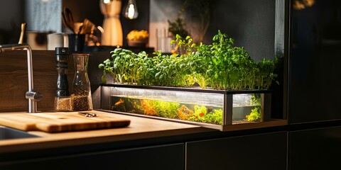 Kitchen countertop with plants and fish tank.