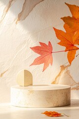 Wall Mural - Autumn leaves adorning a bare geometric podium against a marble backdrop for showcasing products