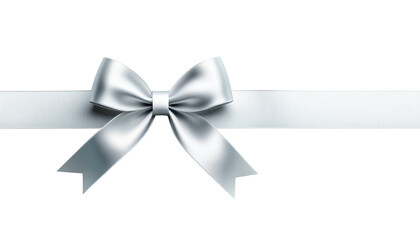 Wall Mural - Elegant silver ribbon with a neatly tied bow isolated on a white background, perfect for gift wrapping and festive decorations.