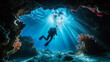 © XtravaganT - Silhouetted Diver Exploring Underwater Cave with Sunbeams