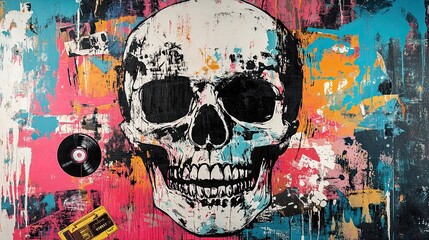 2. An abstract street art composition with a central skull design, representing rock music, combined with musical symbols like cassette tapes and vinyl records. The background includes splashes of