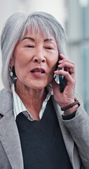 Poster - Mature woman, phone call and talking to investor, smile and feedback on financial report and tax preparation. Listening, schedule and planning of meeting, accountant and forecasting in office