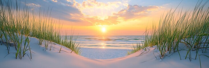 Serene Sunset Over the Ocean with Grass on the Shoreline