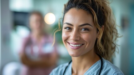 Smiling nurse wearing scrubs and a stethoscope in a hospital setting, exuding confidence and warmth.