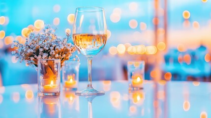 Elegant Evening: Wine Glass, Candles, and Flowers on Reflective Surface