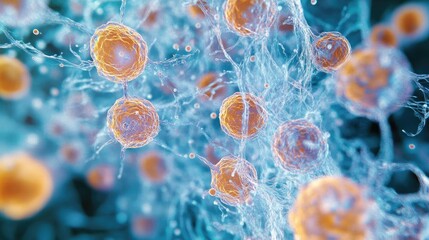 detailed microscopic view of colorful cells showcasing intricate structures and connections, ideal f
