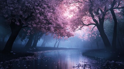 Poster - Serene Misty Forest with Pink Blossoms