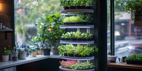 Canvas Print - Indoor garden with plants on shelves in a window.