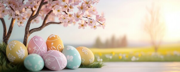 Sticker - Easter Eggs Under a Blooming Tree.