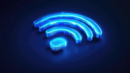 A vibrant neon blue Wi-Fi symbol glowing against a dark background, representing connectivity and modern technology.