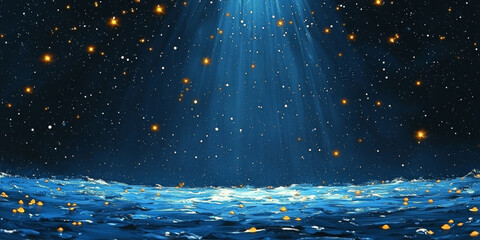 A starry night sky with a beam of light shining down on a shimmering water surface.