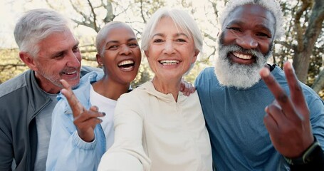 Canvas Print - Face, selfie and senior people in nature for fitness, exercise or health activity together, Peace sign, happy and portrait of elderly friends group with diversity for outdoor photography picture.