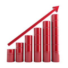 A red bar graph depicts growth trends and increasing success in business or finance contexts, symbolizing upward movement.