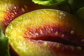 Wall Mural - Close up of Plum Slice with Green Leaves