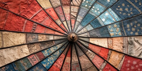 Sticker - Close-up of a Vintage Fabric Umbrella with a Radial Design