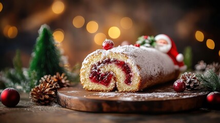 Christmas log cake with Santa Claus, food photography with blurred decorations