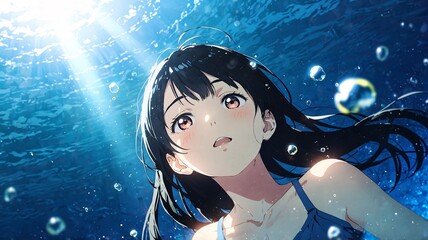 Anime cute girl illustration submerged in blue water with bubbling and shiny sunlight.