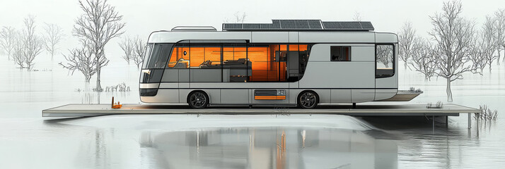 Poster - A futuristic RV with solar panels sits on a wooden dock, overlooking a flooded landscape.