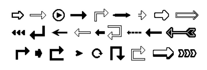 8 Bit pixel arrows vector big set of icons, collection of arrow direction cursors in old PC or gaming console style, single color symbols