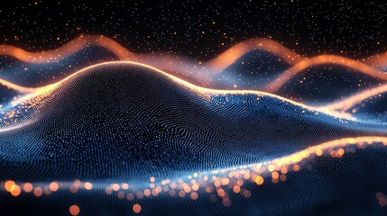 Abstract waveforms of glowing particles on a dark background create a mesmerizing digital landscape at night