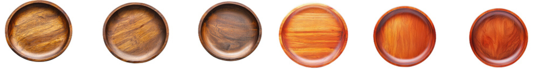 The wooden plate for serving food, empty dish utensils for containing food, are isolated on the background.