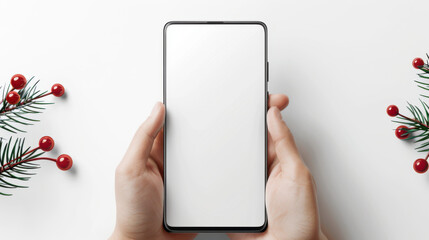 Hands holding a smartphone with a blank screen, surrounded by festive decorations including red berries and green leaves on a white background