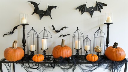 Sticker - Halloween-themed entryway console table decorated with pumpkins, candles, and bats 