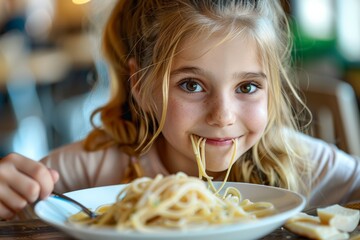 A smiling young girl enjoying a plate of spaghetti, capturing joy and delight during a meal.