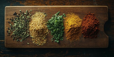 Wall Mural - Various spices on a wooden cutting board.