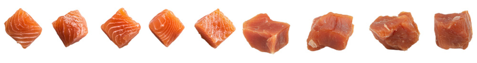 Wall Mural - A set of pieces of raw fish salmon slices is isolated on a white background.